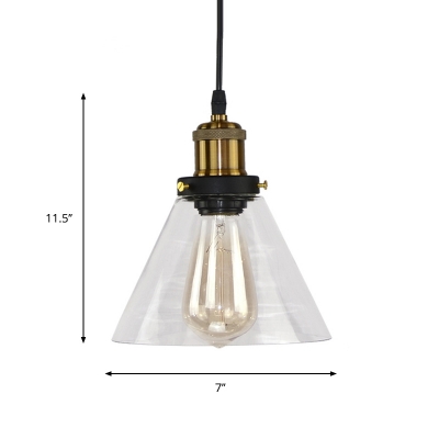 Single-Bulb Drop Pendant Warehouse Dining Room Hanging Light Fixture with Cone Clear Glass Shade in Brass