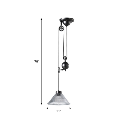 Single Conical Pulley Pendant Lighting Industrial Black Clear Ribbed Glass Ceiling Suspension Lamp