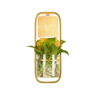 Single Fabric Wall Lighting Nordic White/Gold Cylinder Bedside Sconce Lamp in Warm/White Light with Plant Container
