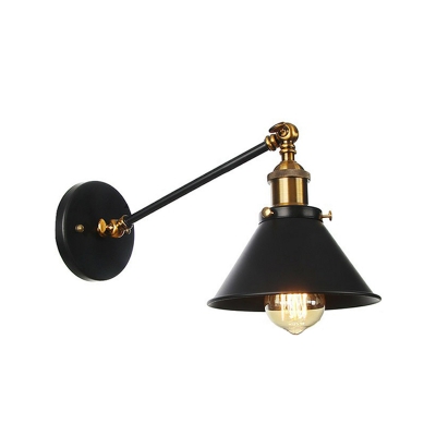 Swing Arm Iron Wall Mount Lamp Rustic 1-Light Living Room Reading Wall Light with Scalloped/Cone/Saucer Shade in Black