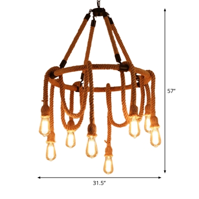 6/8-Light Ceiling Chandelier Farmhouse Circular Hemp Wrapped Hanging Light Kit in Brown