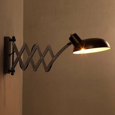 Bowl Iron Retractable Reading Wall Light Vintage 1 Head Dorm Room Wall Mounted Lamp in Black