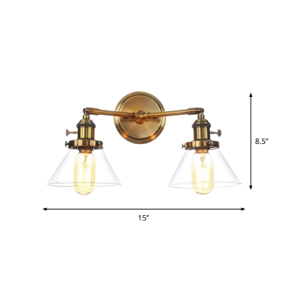Brass Linear/Curved Arm Wall Lighting Ideas Industrial Iron 2 Bulbs Kitchen Wall Lamp with Cone/Ball Clear Glass Shade