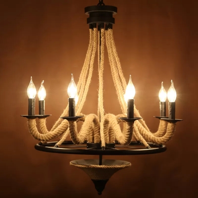 Brown Candlestick Chandelier Lighting Countryside Hemp 8 Lights Dining Room Hanging Ceiling Light