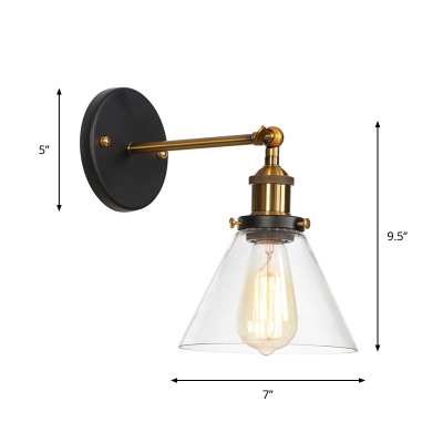 Factory Bell/Saucer Wall Mounted Light Single Clear/Clear Ribbed Glass Rotatable Reading Wall Lamp in Black-Brass