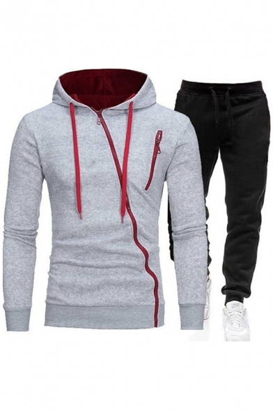 Mens Co-ords Stylish Oblique Zipper Drawstring Slim Fitted Long Sleeve Hoodie Long Pants Jogger Co-ords