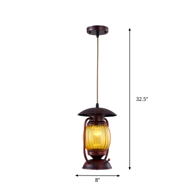 Oval Amber Glass Hanging Ceiling Lantern Countryside 1 Bulb Dining Room Pendant Lamp in Copper