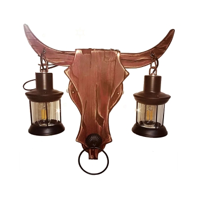 Ox Head/Leaf-Shaped Wood Wall Lamp Farmhouse 1/2-Light Dining Room Sconce Light with Lantern/Kerosene Shade in Brown