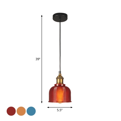 1 Light Bell Pendant Light Fixture Loft Red/Blue/Orange Grid Glass Suspended Lighting Fixture over Table