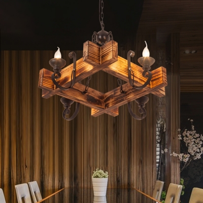 3/4/6 Lights Wood Chandelier Pendant Rustic Brown Triangle/Square/Hexagon Hanging Lamp with Exposed Bulb Design