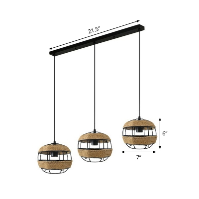 3 Heads Cluster Globe Pendant Cottage Brown Natural Hemp Rope Hanging Light Kit with Round/Linear Canopy
