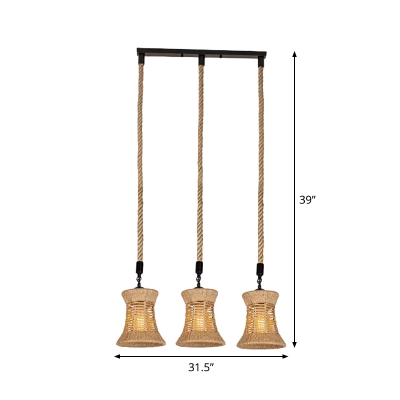 3-Light Cluster Pendant Light Countryside Bell Hand-Wrapped Rope Hanging Lamp in Brown