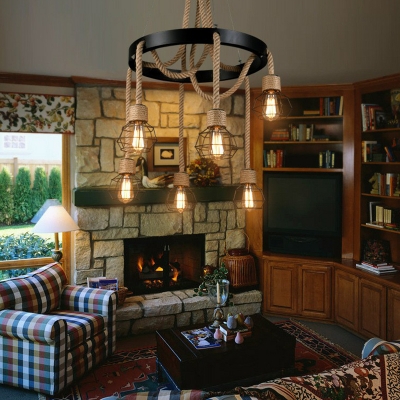 6-Bulb Chandelier Pendant Light Country Circle Hand-Wrapped Rope Hanging Lamp Kit in Brown