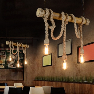 Bamboo Pole Island Lighting Cottage 3/6-Head Restaurant Ceiling Suspension Lamp in Brown with Hemp Cord