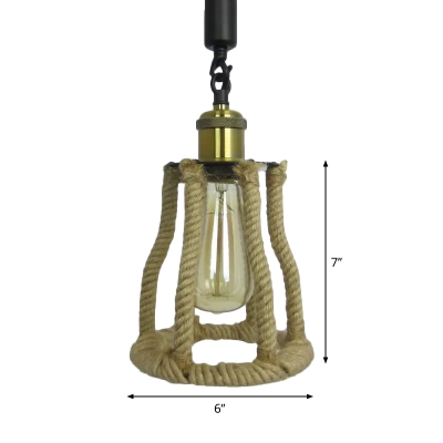 Bell Shaped Rope Suspension Lamp Countryside 1-Light Living Room Ceiling Hang Light in Brown