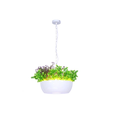 Black/White LED Ceiling Lamp Lodge Resin Round Pot Plant Hanging Light Kit for Terrace