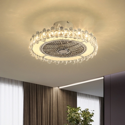 Circle LED Ceiling Fan Contemporary Metal Chrome Semi-Flush Mount with Clear Crystal Rod Deco