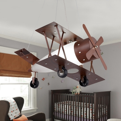 Coffee Turbine Biplane Chandelier Kids 1-Bulb Frosted White Glass Hanging Ceiling Light