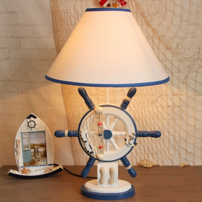 Conical Boys Bedside Night Lamp Fabric 5 Bulbs Kids Table Light with Anchor/Rudder Base in Blue