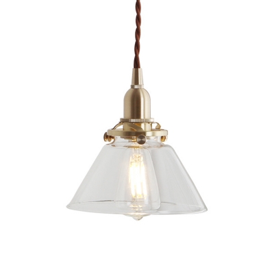 Conical Dining Room Down Lighting Pendant Retro Single Clear/Clear Ribbed Glass Brass Hanging Light Fixture