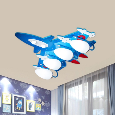 Fighter Plane Flush Mount Ceiling Light Kids Wooden 4-Bulb Bedroom Flush Mount Fixture in Blue