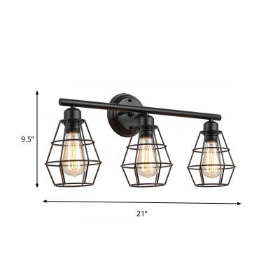Linear Bathroom Vanity Wall Light Industrial Metal 3 Lights Black Wall Mounted Lamp with Cup Shade/Wire Cage