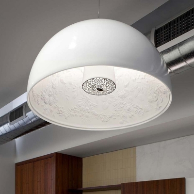 Resin Black/White Hanging Light Dome 1 Bulb Industrial Pendant Light Fixture with Rose-Embossed Inner, 16