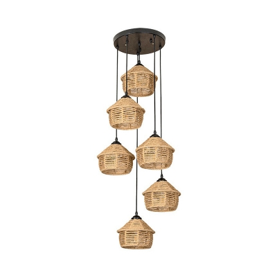 Rope Hut Cluster Pendant Light Farmhouse 3/6-Bulb Snack Bar Suspended Lighting Fixture in Brown, Round/Linear Canopy