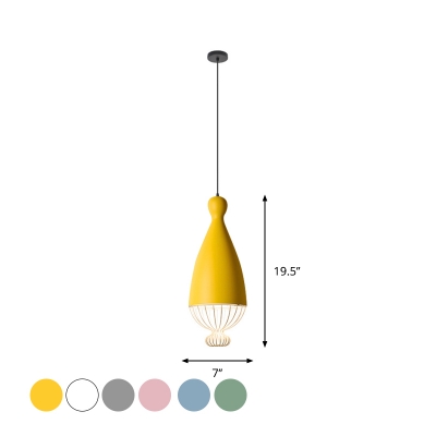 Teardrop-Shaped Lunchroom Pendant Lamp Aluminum 1 Bulb Macaron Down Lighting with Cage Bottom in Grey/White/Yellow