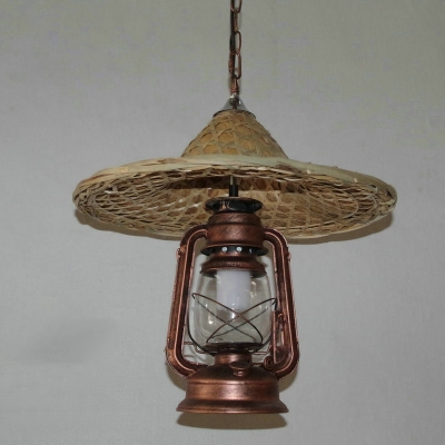 1 Bulb Hanging Ceiling Lantern Farmhouse Kerosene Metal Pendant Light in Copper/Bronze/Black with Straw Hat