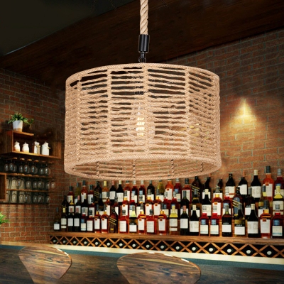 1 Head Cylindrical Hanging Pendant Rural Brown Jute Rope Pendulum Light for Tearoom