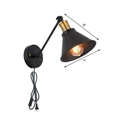 2 Lights Conical Plug-in Wall Light Kit Factory Style Black Iron Wall Mounted Lamp with Rotating Joint
