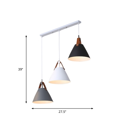 Macaron 3-Light Cluster Pendant Blue-Pink-Yellow/Black-Grey-White Cone Hanging Light with Metal Shade and Round/Linear Canopy, Warm/White Light