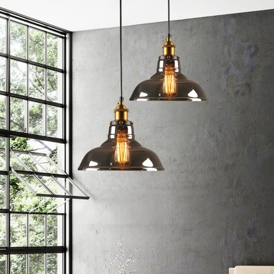 Barn Shade Dining Room Pendant Light Rustic Clear/Smoke Grey/Amber Glass Single Brass Finish Hanging Lamp Kit