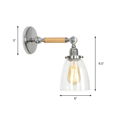 Bell/Globe Clear Glass Wall Lighting Lodge 1 Head Bedroom Task Wall Lamp with Swivelable Wood Arm in Chrome