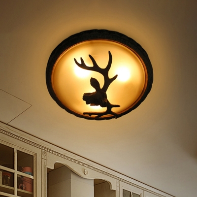 Country Hemisphere Flush Ceiling Light 3 Heads Frosted Glass Flushmount with Deer Head Decor in Brown