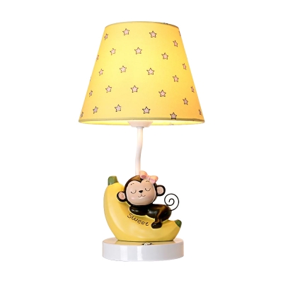 Fabric Shade Table Lamp with Monkey Decoration Pink Finish Single Head Table Light for Girls Bedroom