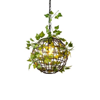 Iron Globe Pendant Light Fixture Industrial 1-Light Dining Room Ceiling Hang Light with Plant Decor in Orange/Green