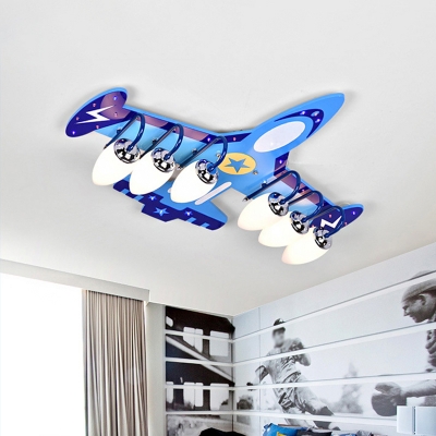Kid 6-Head Flush Mount Lamp Blue Plane Flush Ceiling Light with Milky Glass Shade