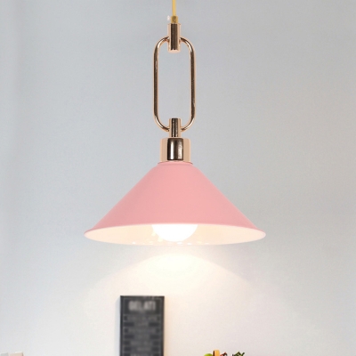 Pink/White/Grey Cone Suspension Lamp Macaron Single Bulb Metal Ceiling Light with Roll Edge and Buckle Design