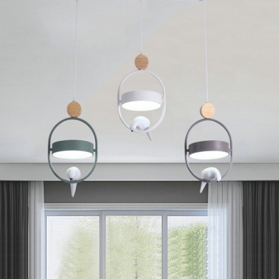 Round Shade Acrylic Pendulum Light Nordic Grey/White/Green LED Hanging Lamp with Oval Frame and Bird Deco