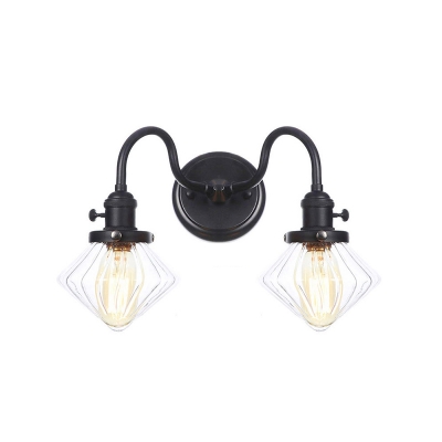 Rural Cone/Ball Wall Lamp Fixture 2 Bulbs Clear Ribbed Glass/Clear Glass Wall Lighting with Wavy/Linear Arm in Black