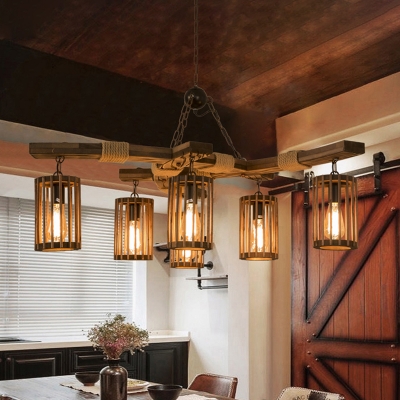 Rustic Branching Ceiling Chandelier 6 Heads Wood Hanging Light with Cylindrical Cage in Black/Brown