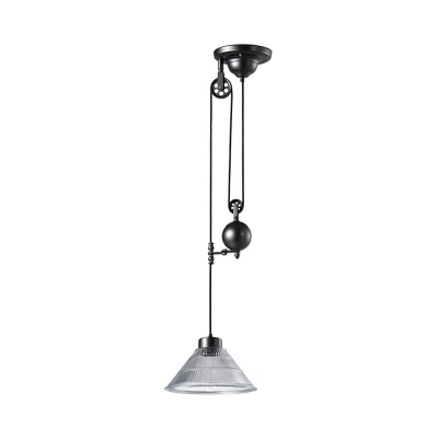 Single Conical Pulley Pendant Lighting Industrial Black Clear Ribbed Glass Ceiling Suspension Lamp