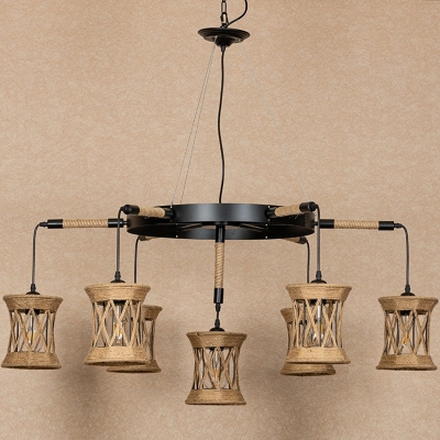 Steering Wheel Iron Chandelier Warehouse 7 Bulbs Bistro Ceiling Pendant with X-Column Rope Shade in Brown