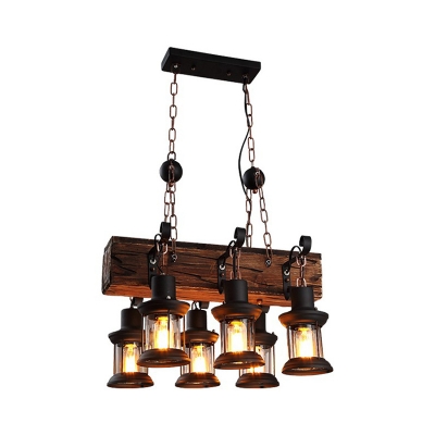 6 Bulbs Island Light Fixture Country Rectangle Wood Block Hanging Lamp with Lantern Shade in Brown