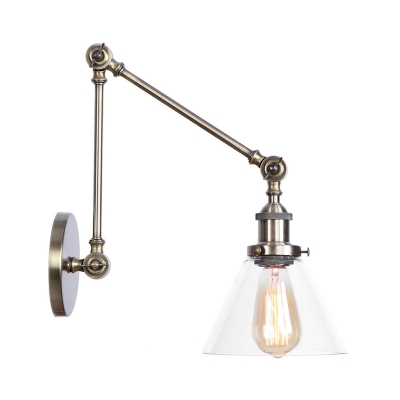 Bronze/Brass Finish Swing Arm Wall Lamp Factory Metal 1-Light Bedroom Wall Mount Light with Globe/Cone Clear Glass Shade