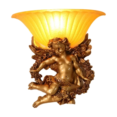 Gold Little Angel Wall Light Sconce Country Resin 1 Light Living Room Wall Mounted Lamp with Bell Frosted Glass Shade