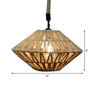 Hemp Diamond-Shape Down Lighting Rural 1 Head Restaurant Ceiling Pendant Lamp in Brown