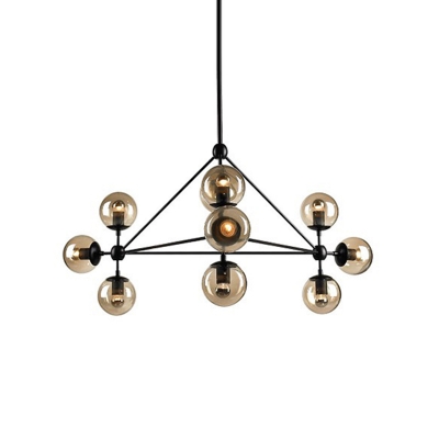 Industrial Pyramid Ceiling Chandelier 10/15 Bulbs Tan Ball Glass Suspension Pendant Light in Black